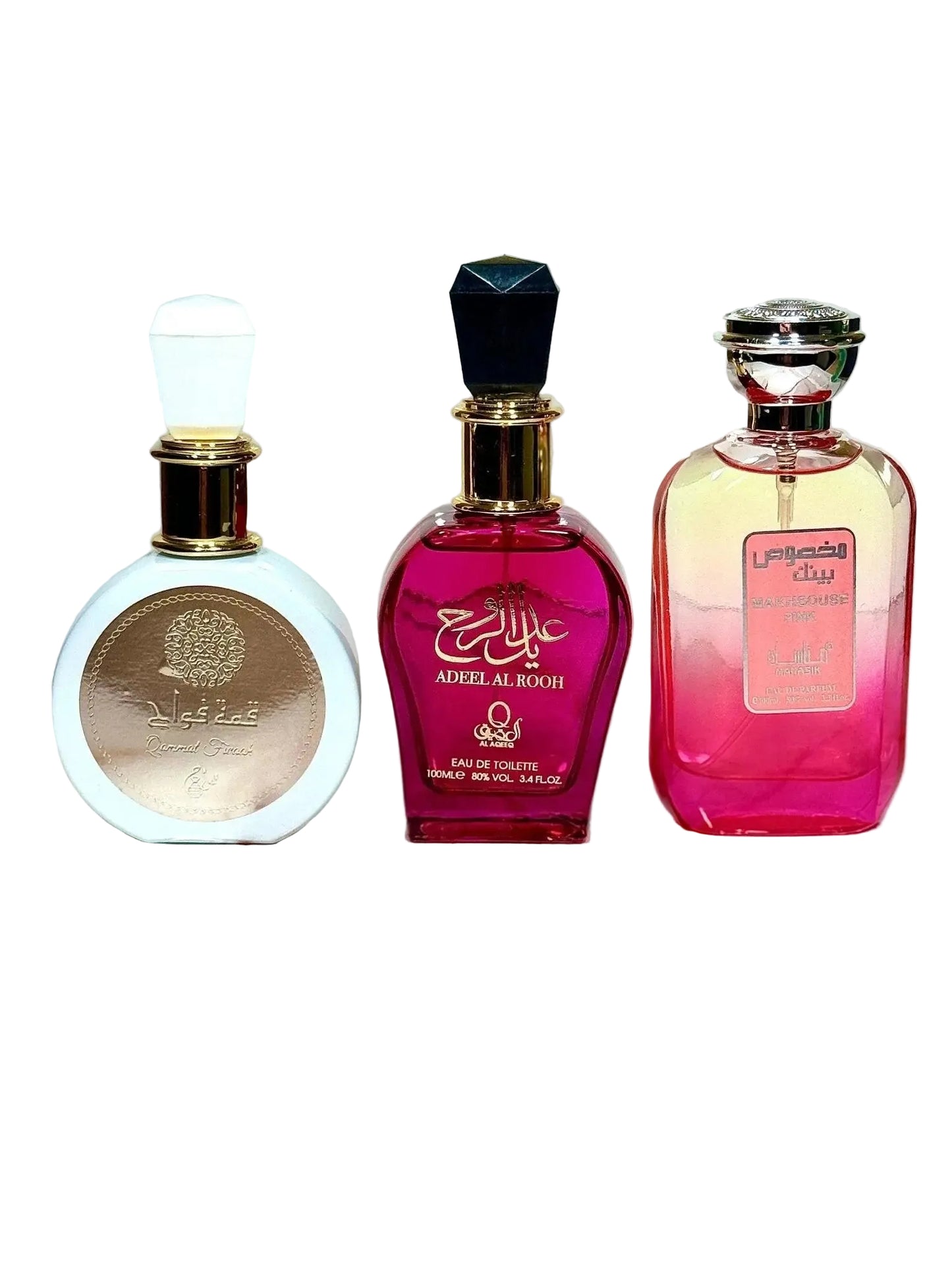 Set de 3 Parfumuri Arabesti premium – Qammat Fuaak, Adeel Al Rooh (Al Aqeeq) & Makhsouse Pink - AlegeCadoul