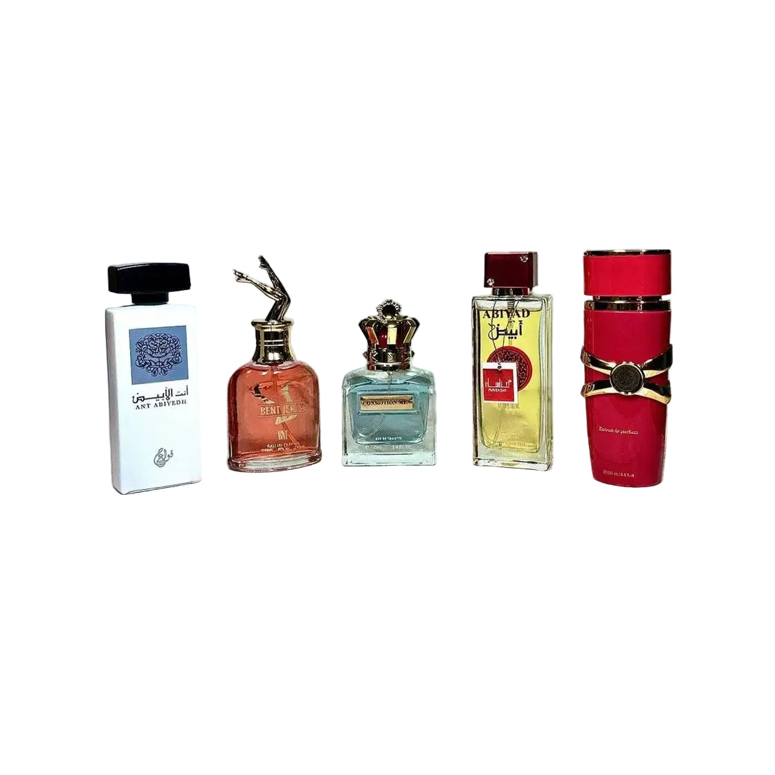 Set de 5 Parfumuri Arabesti Premium – Ant Abiyedh, Bent Jeran, Conmotion Men, Manasik Abiyad Rouge & Flash Kissing Muse - AlegeCadoul